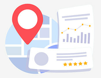 Local SEO graphic showing search icon and reviews.